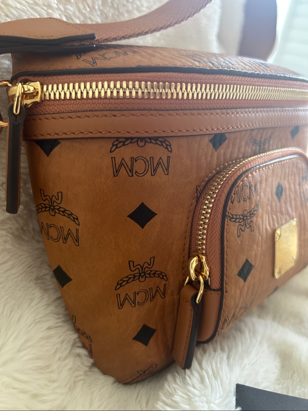 MCM Cognac Visetos Monogram Mini Crossbody Belt Bag with Gold Hardware - Picture 4 of 11